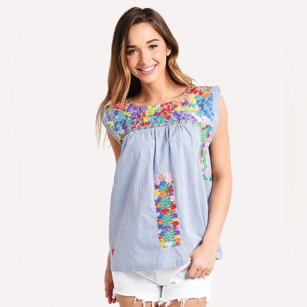 Floral Embroidered Blue Striped Top